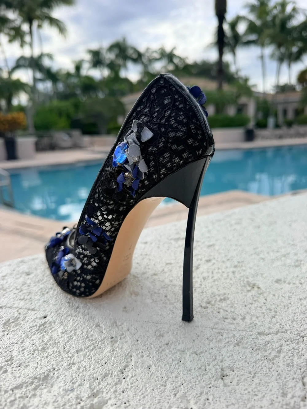 Casadei ‘Blade’ Stiletto Black Lace 3-D Floral & Embellishments